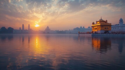 Fototapeta premium Serene Lake at Sunset with the Sikh Golden Temple 