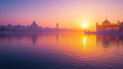 Naklejka premium Serene Lake at Sunset with the Sikh Golden Temple 
