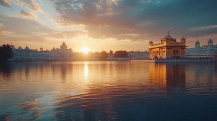 Naklejka premium Serene Lake at Sunset with the Sikh Golden Temple 