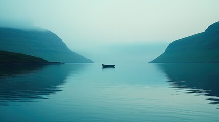 Fototapeta premium The tranquil waters of the Faroe Islands' fjords, with a small fishing boat in the distance.