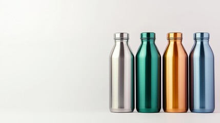 Glossy reusable water bottles in a spectrum of colors, metallic shine, eco-friendly product display, minimalist and modern design template