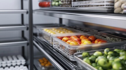 Organized Food Storage System with Fresh Produce in Clear Containers on Stainless Steel Shelves