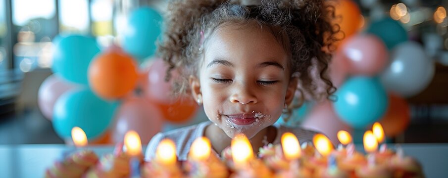 A child blowing out birthday candles with a big smile and eyes closed, surrounded by a cake and balloons against a plain white backdrop.