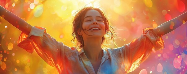 A person conquering a fear, with a triumphant smile and arms raised in victory.