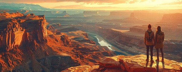 A couple with adventurous spirits, standing on the edge of a cliff overlooking a vast canyon with rugged rock formations and a river winding through the valley against a white backdrop.