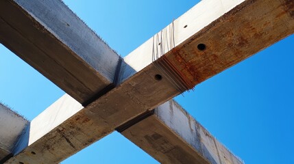 Obraz premium Reinforced Concrete Beams Intersecting Against a Vivid Blue Sky, Exposing the Underlying Steel Reinforcement Rods, Symbolic of Construction, Strength, and Modern Engineering.