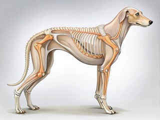 Canine Hindlimb Anatomy Technical Illustration Moody Neutral Mood Grey Scales Diagramming Canine Limb Bones Technical Annotation Warm Beige Color Concept