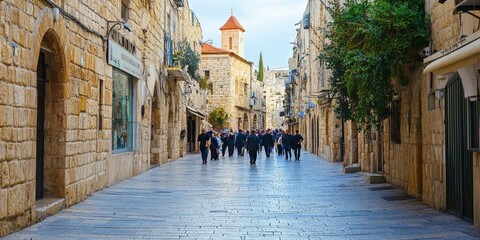 Historic Via Dolorosa in Jerusalem with Christian Pilgrims Walking the Path
