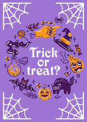 This colorful Halloween-themed design features a variety of trick-or-treating motifs along with festive symbols in the form of a circular wreath, Spider Web Frame.