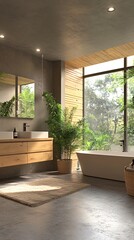 Fototapeta premium Modern bathroom with a large window, wooden cabinets, and a freestanding bathtub.