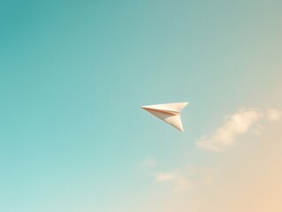 Symmetrical Paper Airplane Against Pastel Sky with Soothing Blurred Clouds in Abstract High-Definition