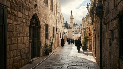 Obraz premium Historic Via Dolorosa in Jerusalem with Christian Pilgrims Walking the Path 