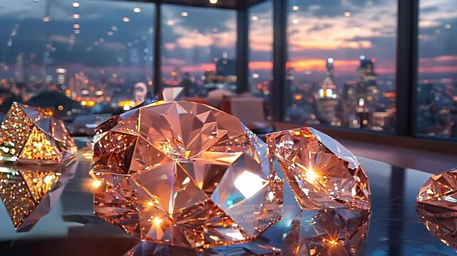Sparkling diamonds shimmer on a table with a city view at sunset.