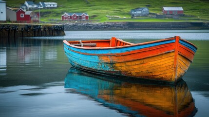 Obraz premium The vibrant colors of a traditional Faroese fishing boat docked in a quiet harbor.
