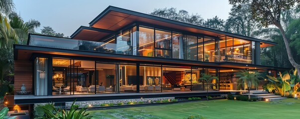 Obraz premium Glass-and-steel house with modern finishes.