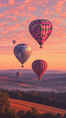 Fototapeta premium Colorful hot air balloons rise against a sunset sky over a serene landscape in the early morning