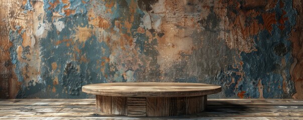 Vintage wooden podium with a weathered finish, set against a rustic backdrop.