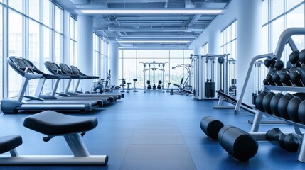 Fototapeta premium A gym room with a lot of equipment and windows, AI