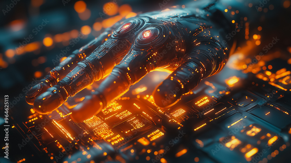 Poster a hand is shown in a glowing orange light, surrounded by a digital landscape. concept of technology 