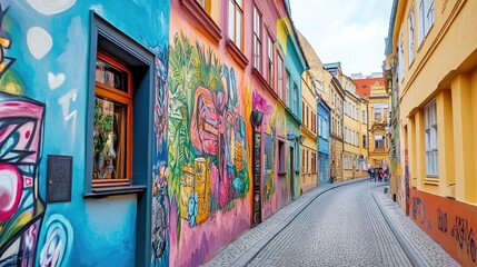 Naklejka premium The vibrant street art along the walls of Prague's trendy district, adding a modern twist to the historic city.