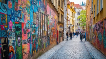 Fototapeta premium The vibrant street art along the walls of Prague's trendy district, adding a modern twist to the historic city.