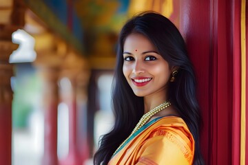 Alluring Indian Woman in Vibrant Sari Stands by Traditional Temple