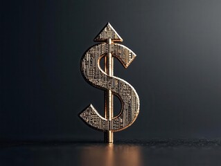 A shiny dollar sign with an upward arrow, representing growth in currency value, Futuristic, Photorealistic, 3D Render