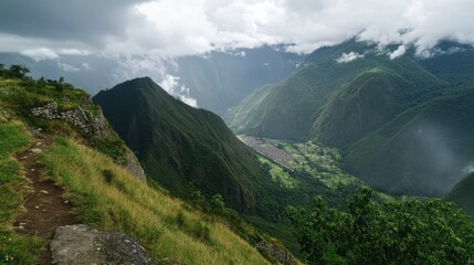 The view from Machu Picchu mountain, overlooking the ancient city and surrounding valleys.