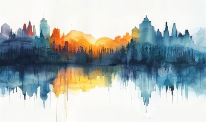 Watercolor abstract twilight reflections on white.