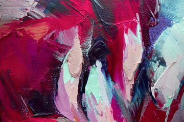 Colorful abstract painting with vibrant hues in shades of red, pink, and blue created with thick...