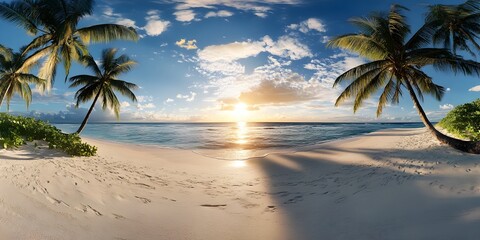 Stunning Tropical Beach Sunrise Panorama with Golden Sunlight and Swaying Palm Trees