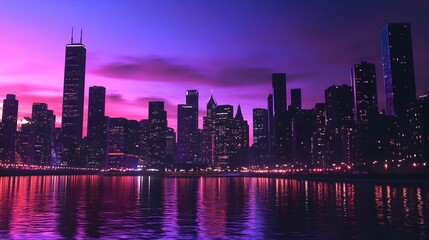 Obraz premium Illuminated City Skyline Reflecting on Serene River at Dramatic Dusk