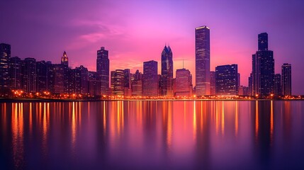 Obraz premium Glittering City Skyline at Dusk Panoramic View of Bustling Urban Landscape