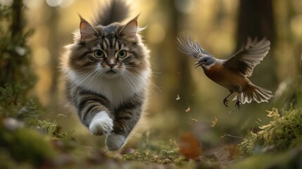 Obraz premium A cat chases a bird through a forest, capturing a moment of nature's interaction.