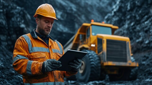 Construction Worker Using Digital Tablet at Mining Site with Heavy Dump Truck in Background
