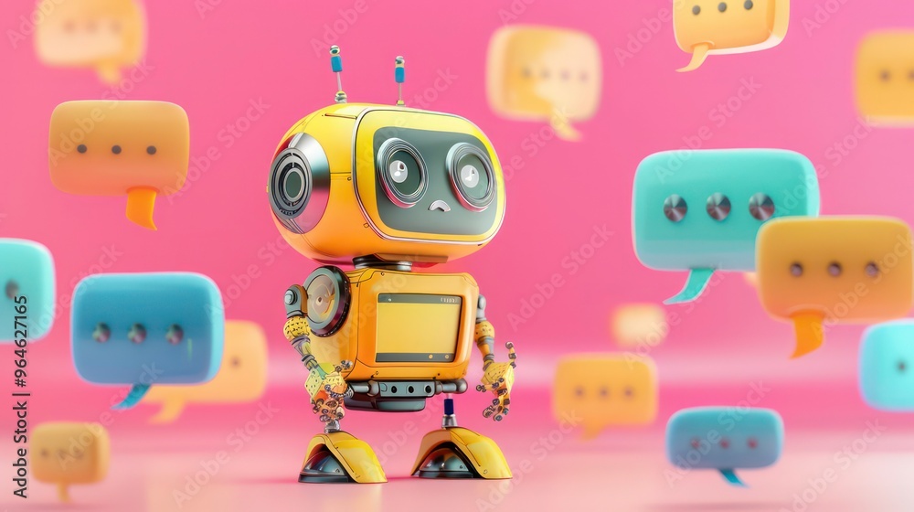 Wall mural a yellow robot with a confused expression stands amidst a pink and yellow background with floating s