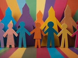 Diverse paper figures holding hands, illustrating inclusivity and unity in a colorful design.