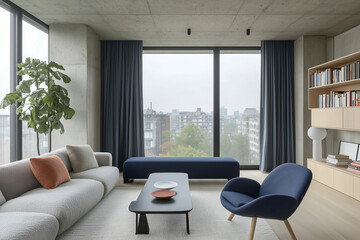 Fototapeta premium Modern Living Room with Minimalist Design and Cozy Seating