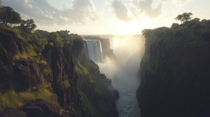 The view of Victoria Falls from the Zambian side, with the waterfalls plunging into the gorge below.