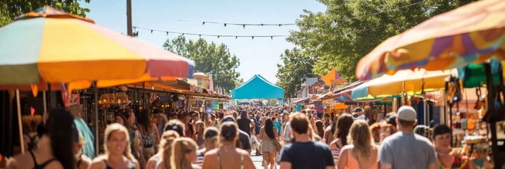 Vibrant Outdoor Festival with Street Performers and Families Enjoying Food Stalls