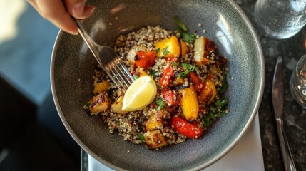 A clean and modern dining area with a beautifully plated dish of quinoa, roasted vegetables, and a lemon wedge, with a person savoring each bite.