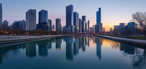 Fototapeta premium Magnificent Cityscape Reflected in Tranquil River at Sunset