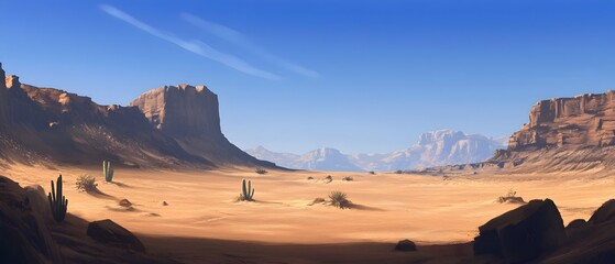 Naklejka premium Vast Desert Plateau Bathed in Midday Sun Panoramic Landscape with Rocky Outcrops and Cacti