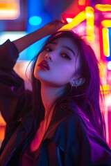 Fototapeta premium A young Asian woman in a vibrant city, neon lights, trendy fashion, dynamic pose