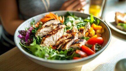 A realistic kitchen scene where a person is making a fresh, green juice with a juicer and an array of vegetables and fruits on the counter.