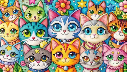 Fototapeta premium colorful cat characters anime-inspired cat coloring pages