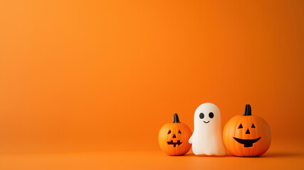 Funny Halloween cute  ghost and Halloween pumpkins with space for text over orange background, Minimal Style