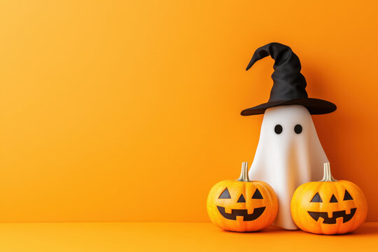 Funny Halloween cute  ghost and Halloween pumpkins with space for text over orange background, Minimal Style
