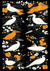  Patterned illustration of tropical birds with bright orange and white plumage, surrounded by floral designs on a dark background