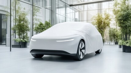 A white car covered in a sheet is parked inside of an office building, AI